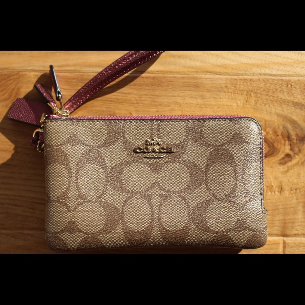 Coach Corner Zip Wristlet Metallic Pink Accents